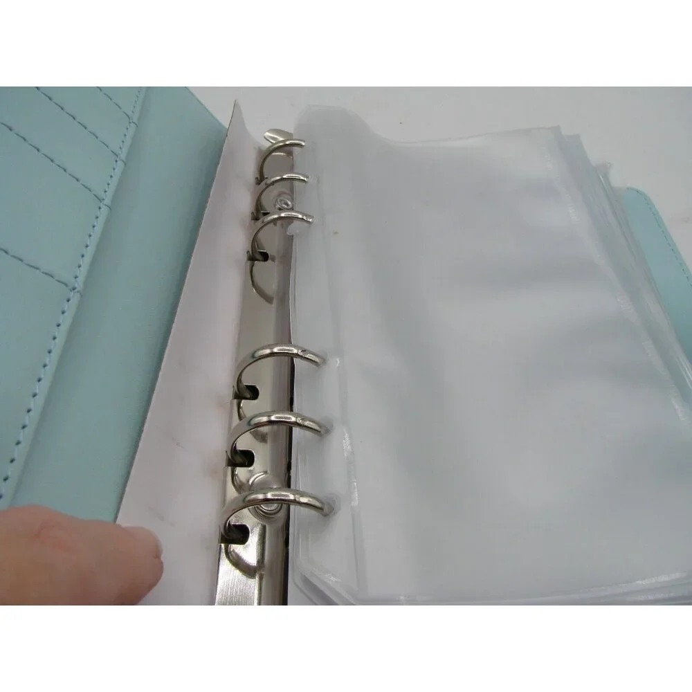 NEW Blue Leather 6 Ring Planner Organizer Zipper Envelope Budget Tab Stickers